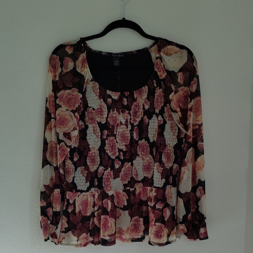 NWT A Love Story Womens Dark Floral Mesh Smocked Fairy Top Sz XL Whimsigoth